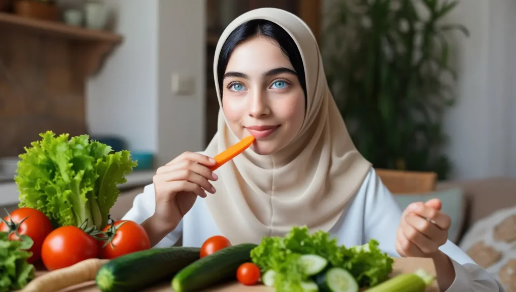 دختر درحال خوردن مواد غذایی سالم برای نشان دادن نقش تغذیه در کنترل چربی و آکنه پوست چرب