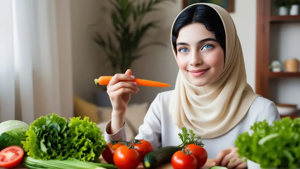 دختر درحال خوردن مواد غذایی سالم برای نشان دادن نقش تغذیه در کنترل چربی و آکنه پوست چرب